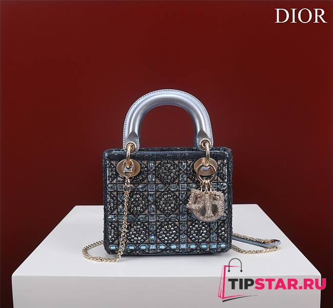 Mini Lady Dior Bag Metallic Calfskin and Satin with Celestial Blue Bead Embroidery Size 17*15*7cm - 1