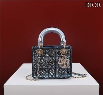 Mini Lady Dior Bag Metallic Calfskin and Satin with Celestial Blue Bead Embroidery Size 17*15*7cm