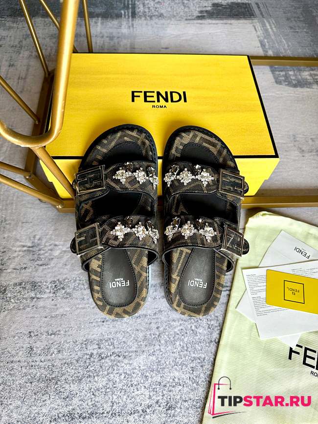 Fendi Feel Brown Fabric Slides - 1