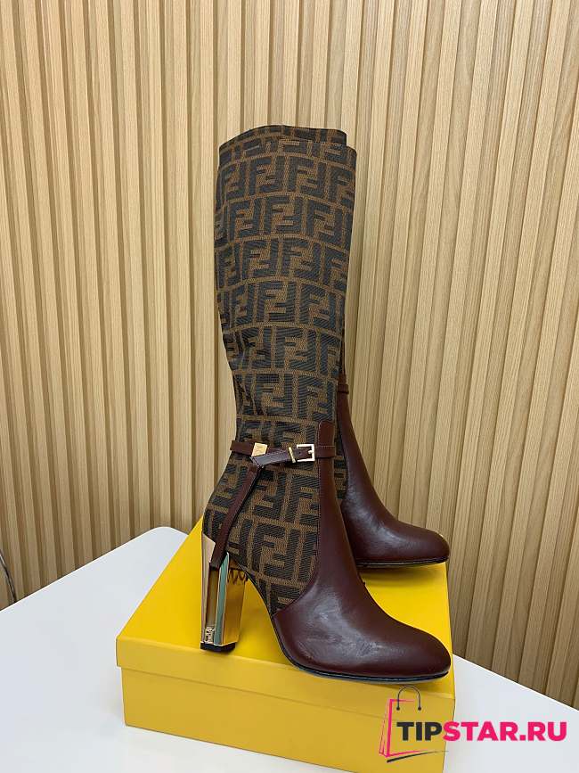 Fendi Delfina Brown Leather High-Heeled Boots - 1