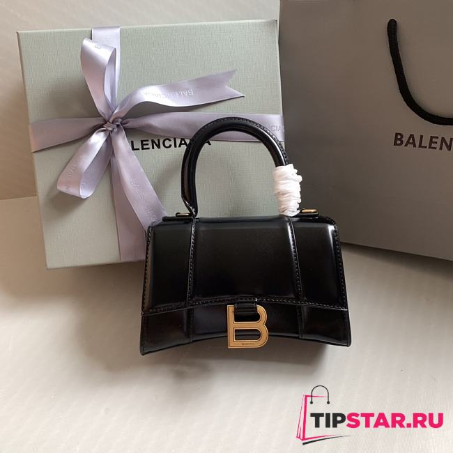 Balenciaga Hourglass XS Handbag In Black Shiny Box Calfskin Size 19cmx8x13cm - 1