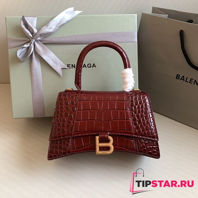 Balenciaga Women's Hourglass Small Handbag Crocodile Embossed In Dark Red Size 23x10x24cm - 1