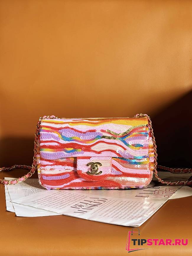 Chanel Mini Classic Handbag Embroidered Satin Yellow, Purple & Pink A69900 Size 12 × 20 × 6 cm - 1