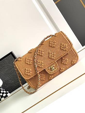 Chanel Flap Bag Raffia Effect Braided & Gold-Tone Metal Camel AS4529 Size 15.5 × 25 × 6 cm