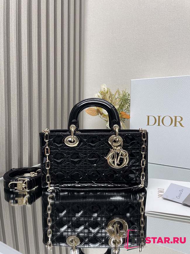Dior Medium Lady D-Joy Bag Black Patent Cannage Calfskin Size 26 x 13.5 x 5 cm - 1