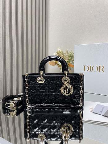 Dior Medium Lady D-Joy Bag Black Patent Cannage Calfskin Size 26 x 13.5 x 5 cm