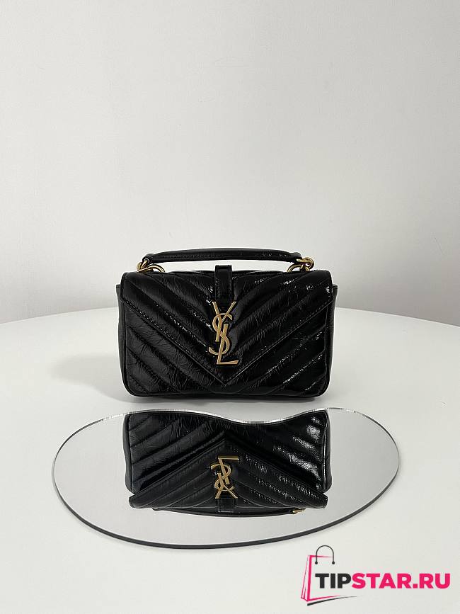 YSL College Mini Chain Bag In Shiny Crackled Leather Black Size 20 X 13 X 3 CM - 1