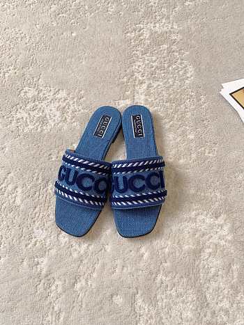 Gucci Women's Slide Sandal With Gucci Script 771589 Blue Denim