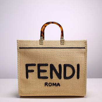 Fendi Women Sunshine Medium Embroidered Straw Shopper Black 