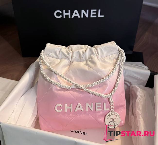 Chanel 22 Mini Handbag Patent Gradient Calfskin Lacquered Metal White Light Pink 20×19×6cm  - 1