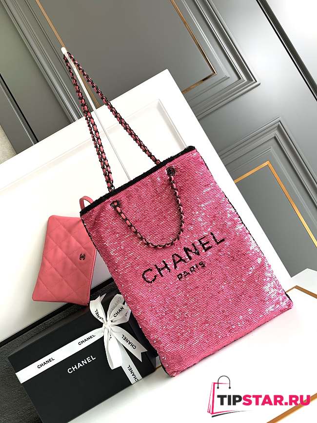 CC Shopping Bag Sequins & Black Metal Pink & Black 39×30×2cm - 1