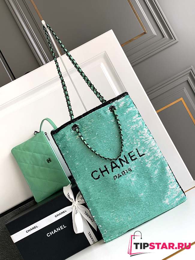 CC Shopping Bag Sequins & Black Metal Green & Black 39×30×2cm - 1