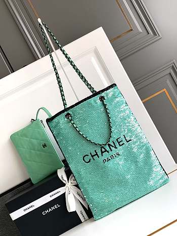 CC Shopping Bag Sequins & Black Metal Green & Black 39×30×2cm