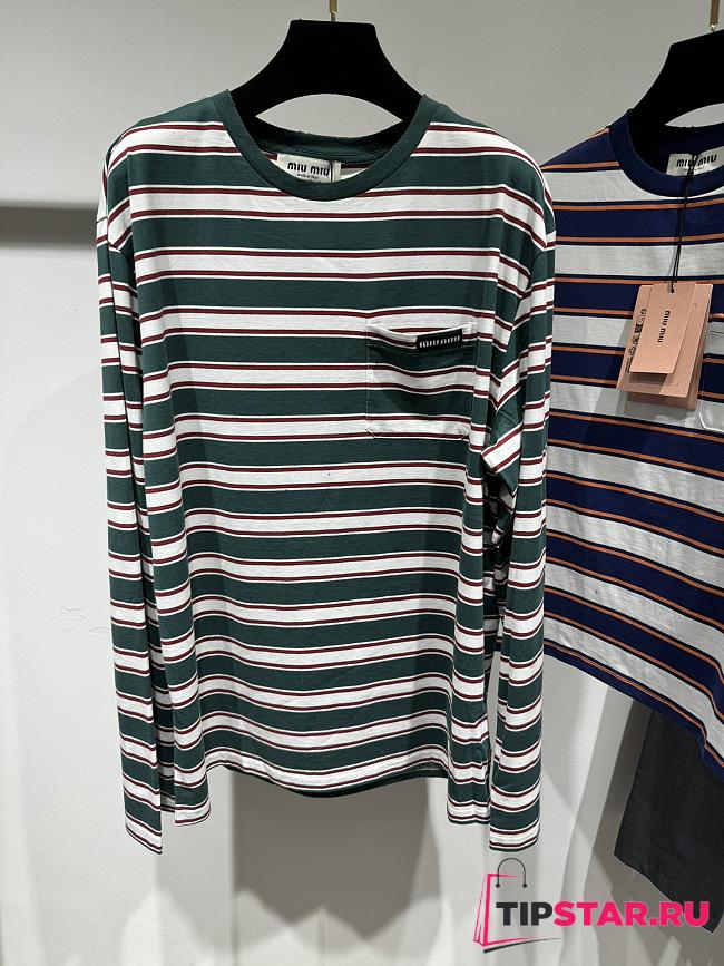 Miu Miu Long Sleeved Cotton Jersey T-shirt Green/White/Cognac - 1