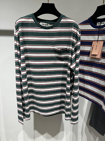 Miu Miu Long Sleeved Cotton Jersey T-shirt Green/White/Cognac