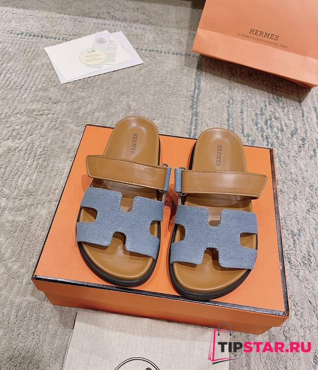 Hermes Chypre Sandal Blue Denim/ Brown - 1