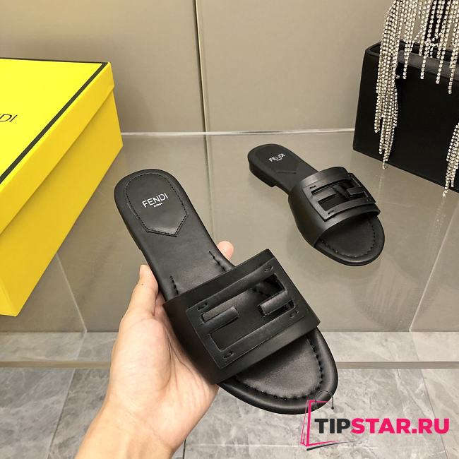 Fendi Baguette Black Leather Slides - 1