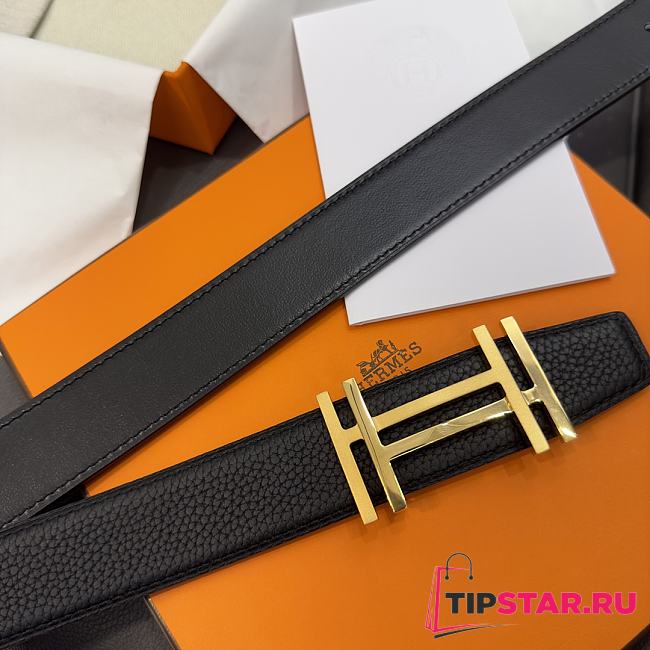 Hermes Belt Buckle & Reversible Leather Strap Black/ Gold 32mm - 1