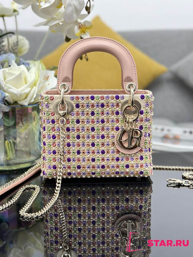 Dior Mini Lady Dior Bag Multicolor Satin Embroidered with Mirrors Beads and Strass 17x15x7cm - 1