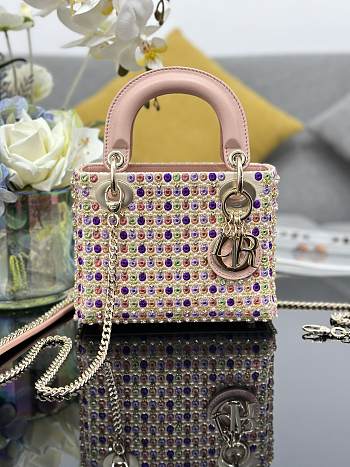 Dior Mini Lady Dior Bag Multicolor Satin Embroidered with Mirrors Beads and Strass 17x15x7cm