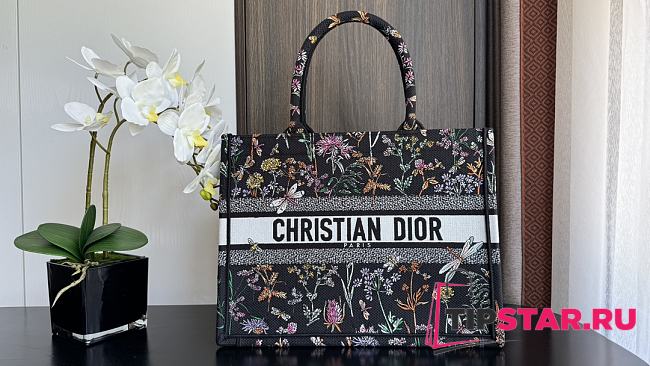 Medium Dior Book Tote Black Multicolor Dior Herbarium Embroidery 36x27.5x16.5cm - 1