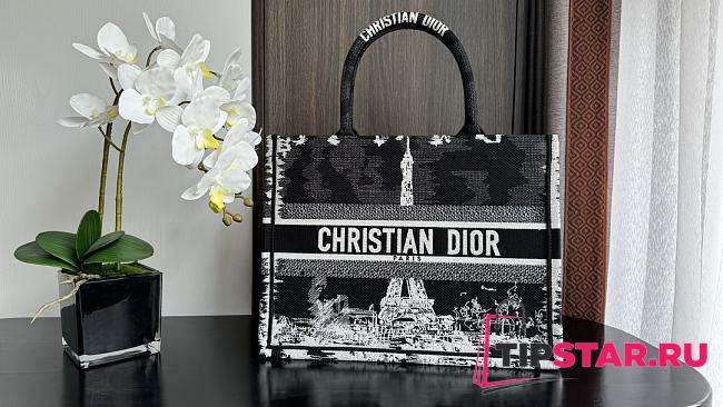 Medium Dior Book Tote Black and White Paris Embroidery 36x27.5x16.5cm - 1