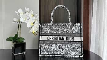 Medium Dior Book Tote White and Black Paris Allover Embroidery 36x27.5x16.5cm