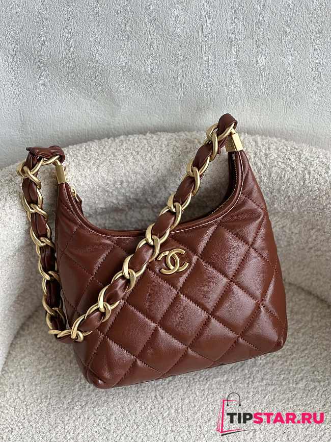 CC Small Hobo Bag Shiny Lambskin & Gold-Tone Metal Brown 22.5×19.5×8.5cm  - 1