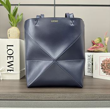 Loewe Medium Puzzle Fold Tote In Shiny Calfskin Abyss Blue 25.5x14.5x31.5cm