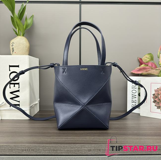 Loewe Mini Puzzle Fold Tote In Shiny Calfskin Abyss Blue 16.5x20x9.5cm - 1