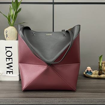 Loewe Puzzle Fold Tote In Shiny Calfskin Black/ Dark Burgundy 25.5x14.5x31.5cm