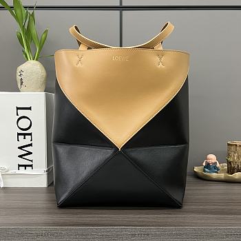 Loewe Puzzle Fold Tote In Shiny Calfskin Warm Desert/Black 25.5x14.5x31.5cm