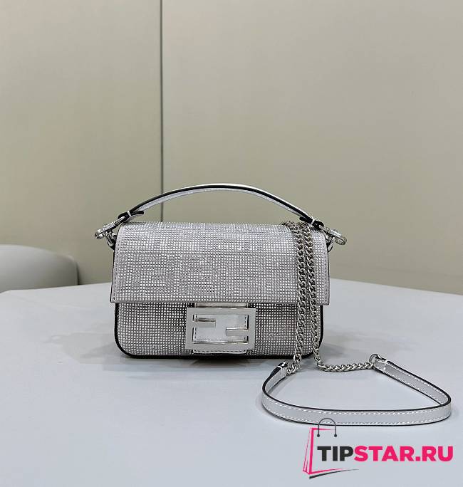 Fendi Baguette Silver Leather Bag With Crystal FF Motif 20x5x13cm  - 1