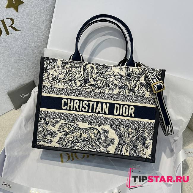 Medium Dior Book Tote White and Navy Blue Toile de Jouy Sauvage Embroidery with Navy Blue Calfskin 36.5x28x16.5cm - 1