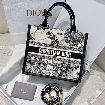 Small Dior Book Tote Latte Multicolor Dior Zodiac Embroidery and Black Calfskin 26.5x22x14cm