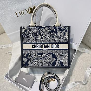 Small Dior Book Tote Blue and Ecru Toile de Jouy Reverse Embroidery and Blue Calfskin 26.5x22x14cm