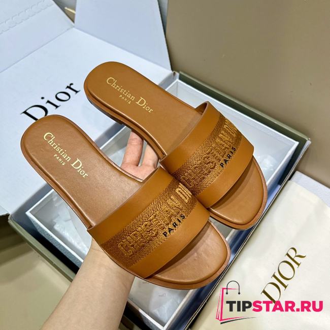 Dior Dway Slide Camel Calfskin and Embroidered Cotton - 1