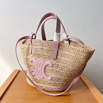 Celine Teen Supple Celine Classic Panier In Raffia And Calfskin Pastel Pink 22x16x12cm