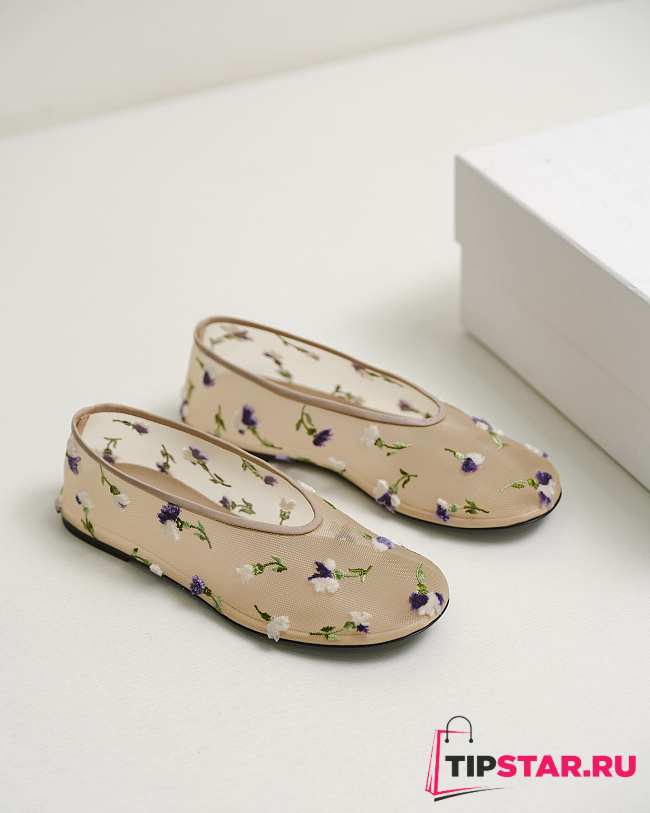 Khaite The Marcy Flat In Beige Mesh With Purple Floral Embroidery - 1