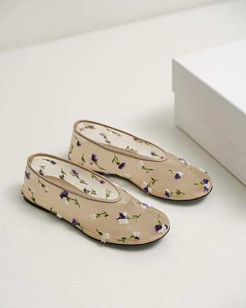 Khaite The Marcy Flat In Beige Mesh With Purple Floral Embroidery