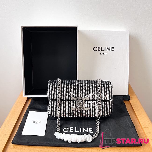 Celine Chain Shoulder Bag Claude In Satin With Striped Sequins Black /Silver 20.5x11.5x4cm - 1