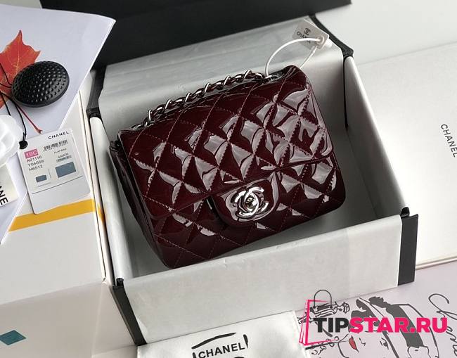 Chanel Burgundy Silver Hardware Quilted Patent Leather Classic Mini Flap Bag 17cm - 1