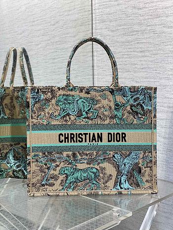 Medium Dioriviera Dior Book Tote Raffia with Aquamarina Toile de Jouy Sauvage Embroidery 36x27.5x16.5cm