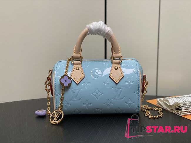 LV Nano Speedy Monogram Vernis Sky Blue M83000 16x10x7.5cm - 1