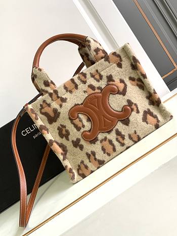 Celine Cabas Thais Leopard Print Fabric Cowhide Leather Handbag 25.5x18.5x12cm