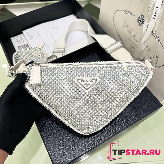 Prada Satin Crystal Triangle Pouch Celeste White 26x14x12cm - 1