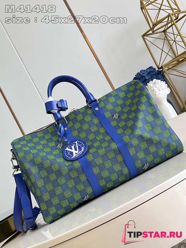 LV KEEPALL BANDOULIÈRE 50 Green Grid Flower Travel Bag 45 x 27 x 20 cm - 1