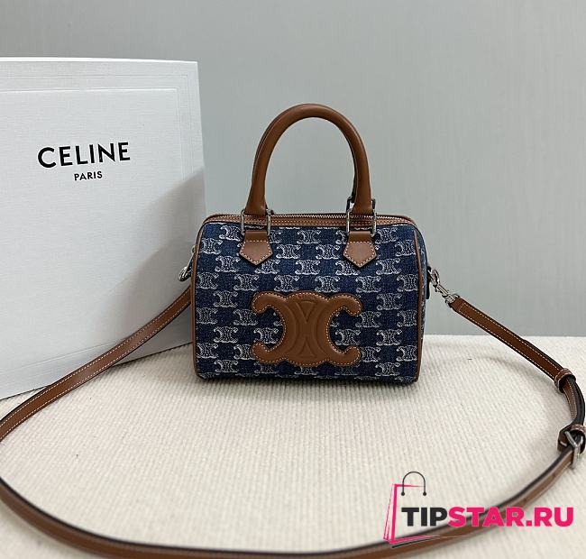 Celine Triomphe Boston Old Flower Denim Brown Handles 20×15.5×10.5CM - 1