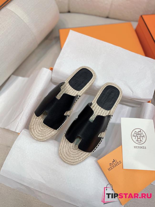 Hermes Antigua Flat Straw Slippers Black - 1