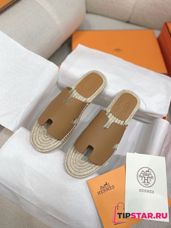 Hermes Antigua Flat Straw Slippers Beige - 1